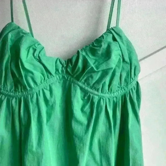ZARA Mini Babydoll Dress Green Spaghetti Straps Cup Cotton Ruched Short Size L - Picture 9 of 13